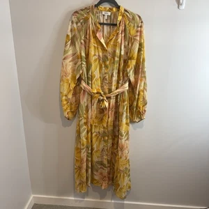 COS Floral Print V-Neck Midi Dress Size 10 Womens Pockets Yellow Belted Boho - Picture 1 of 16
