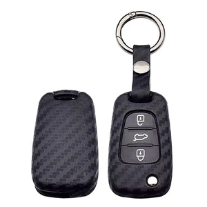 For Kia Soul Sportage Rio Hyundai Carbon Fiber Flip Key Fob Case Cover Chain - Picture 1 of 4
