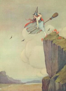 Halloween Postcard - Young Witch on Broomstick, Bats, Autumn, Billowing Clouds - Picture 1 of 3