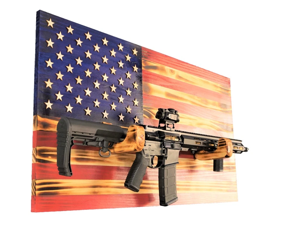 Wooden Rustic American Flag with Gun Rack Handmade 36” x 19.5” Made in the US - Image 1 of 4
