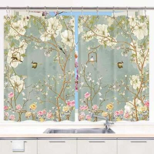 Bird Flower Greens Kitchen Curtains Window Drapes 2 Panel Set with Gliders Hooks - Picture 1 of 10