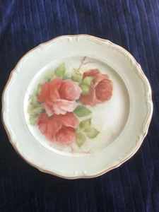 Vintage porcelain hand painted rose 9.5” dinner plate embossed rim signed - Picture 1 of 5