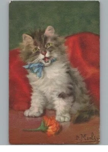 Artist-Signed D. MERLIN CAT White & Tabby Kitten Flower Postcard c1910s - Picture 1 of 2