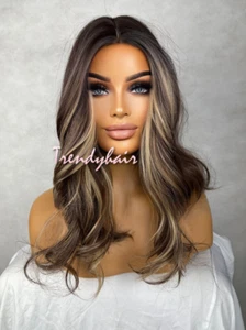 Darkest Brown Black W Light Blonde Highlights Streaks Balayage NO Lace Wavy Wig - Picture 1 of 4