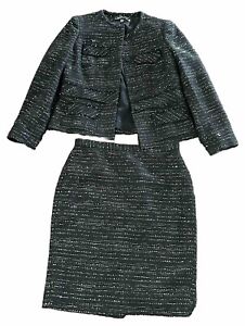 Albert Nipon Black White Wool Bld Skirt Suit Size 6 Swank Career Office NEW