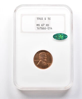 MS67 RD 1940-S Lincoln Wheat Cent CAC NGC *4033 - Image 1 of 3