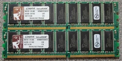 2x 512MB (1 GB) Kingston KVR400X72C3A/512 ECC 184-Pin DDR SDRAM Memory - Image 1 of 3