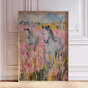 Póster colorido con impresión de arte de pared de caballo vaquera occidental acuarela rosa y azul - Imagen 1 de 5