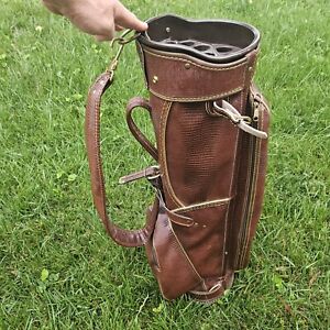 Vintage Brown Faux Leather Golf Bag Carry Cart Bag AJAY 14 Way Strap Rain Cover