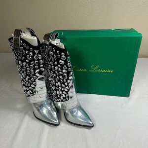 Lauren Lorraine Hana Silver Rhinestone Embellished Cowboy Western Boots Size 8 - Picture 1 of 15