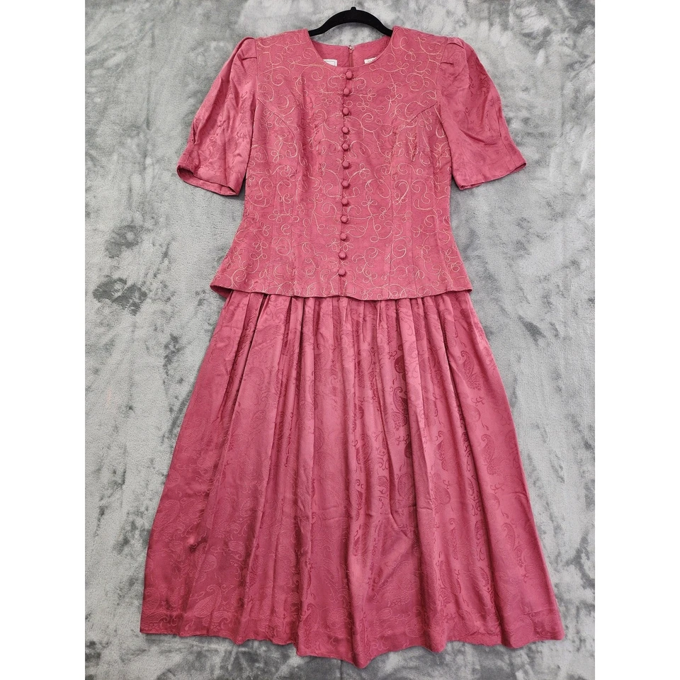 Vestido midi vintage Karin Stevens cachemir brocado manga abullonada talla 8 rosa pequeño  Foto 1 de 4