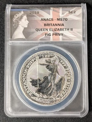 2019 Britannia Silver ~ £2 PIG PRIVY ~ ANACS MS70 ~ Scarce .999 Privy Mark Coin - Image 1 of 4