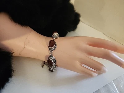 Carolyn Pollack 925 纯银真红宝石护目镜手链 7.5 复古 — 第 1/4 张图片