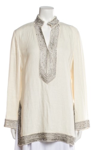 Top tunica TORY BURCH lino avorio cristalli strass impreziosito 10 $698