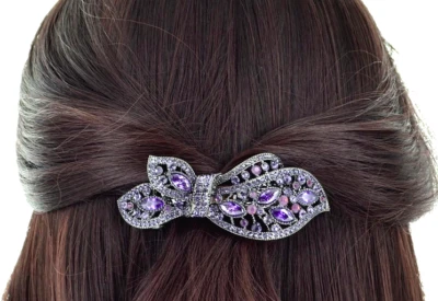 New Silver Crystal & Amethyst Crystal  4'' Bow Hair Barrette - Image 1 of 4