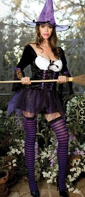 Sexy Disfraz de Bruja Púrpura Por Música Piernas Descontinuado Talla S/M Vestido Solo Foto 1 de 4