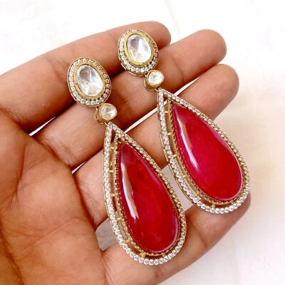 Gold Plated Traditional Indian Jewelry Kundan Polk Red Onyx Pear Kundan Earring - Image 1 of 4