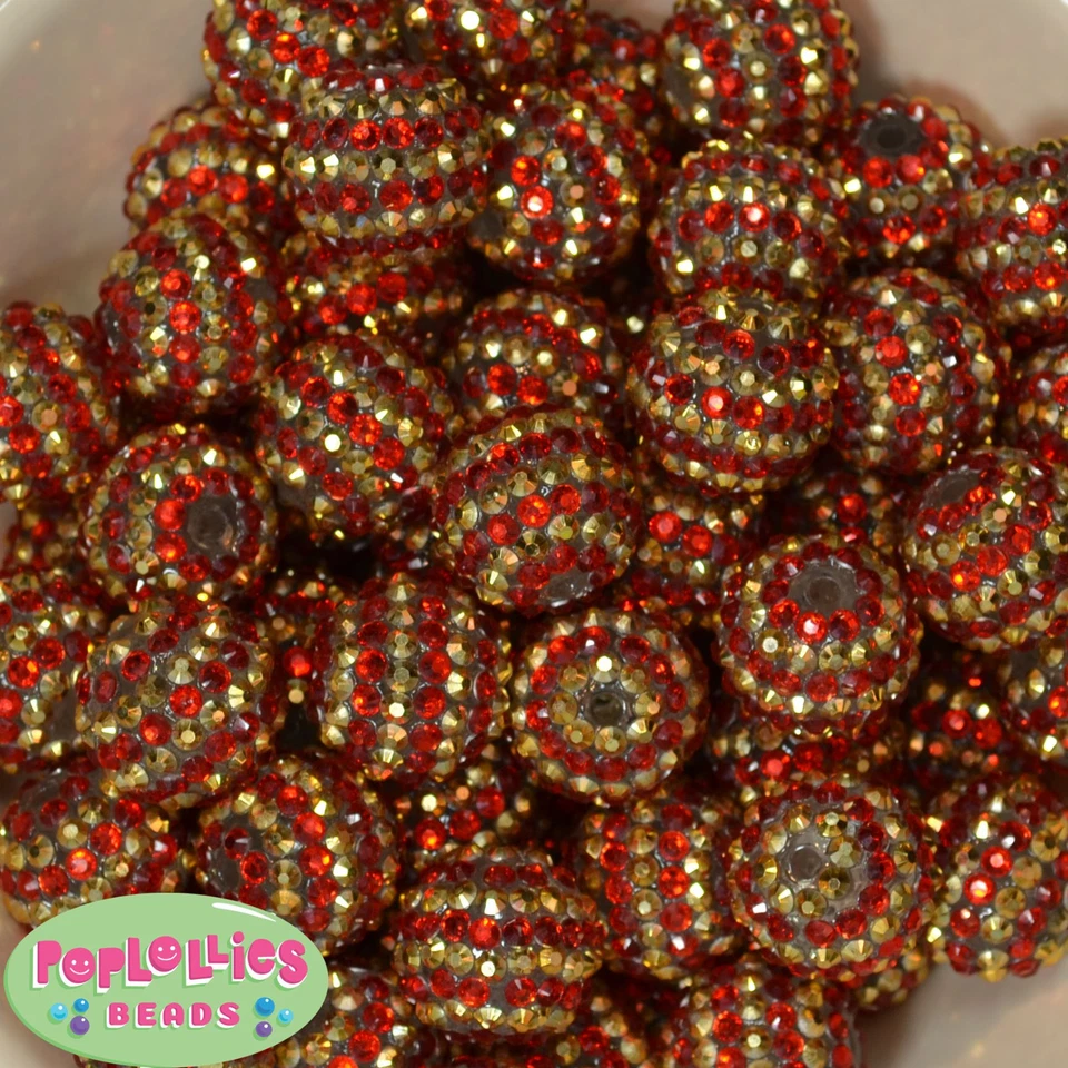 20mm Red and Gold Stripe Resin Rhinestone Chunky Bubblegum Beads 20 pc - Image 1 of 1