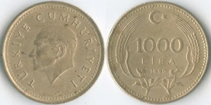 Turkey 1990 1000 Lira KM# 997 Nickel-Brass Atatürk Turkish Crescent Value Wheat - Picture 1 of 3