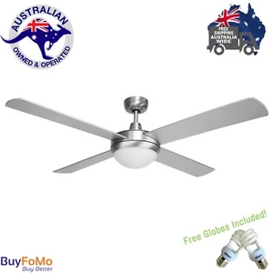 Ceiling Fan Silver 52" 4 Wooden Blade Fan W/Light Reversible 60watt Motor Domus - Picture 1 of 9