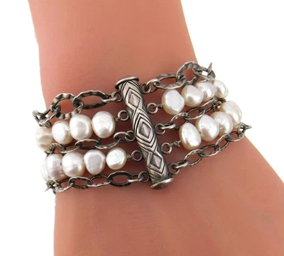 Silpada 925 Sterling Silver Hammered Oval Links & Pearls Multi Strand Bracelet - Image 1 of 4