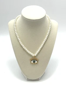 Kurt Geiger Necklace Faux Pearl Crystal Enamel Evil Eye Charm Pendant NWT - Picture 1 of 6