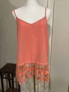 Mittoshop Large Coral Orange V-Neck Cami Lace Coquette  Spaghetti Strap Top - Picture 1 of 6