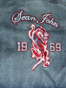 SEAN JOHN Chinese Dragon Denim Jean Jacket Button Up Blue XXL Missing Button - Picture 1 of 11