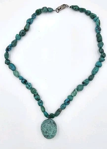 Vintage Navajo Lone Mountain Spiderweb Turquoise Beaded Pendant Necklace 16" - Picture 1 of 8