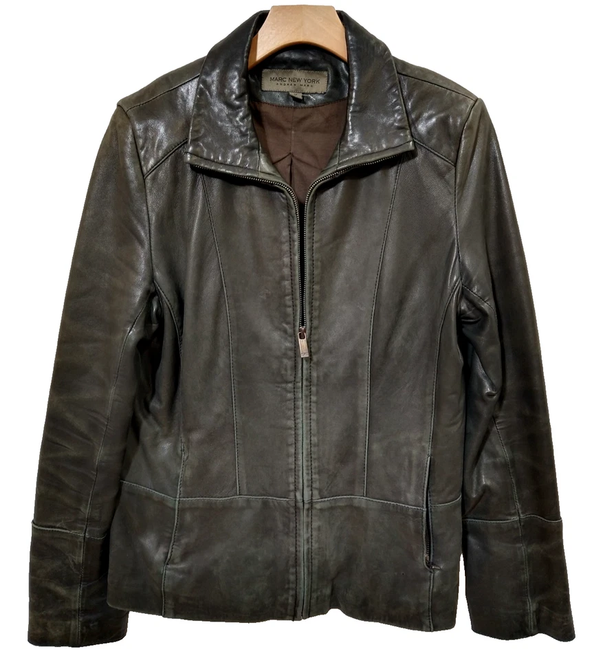 Andrew Marc New York Distressed Soft Black Leather motorcycle biker Jacket Med - Image 1 of 4