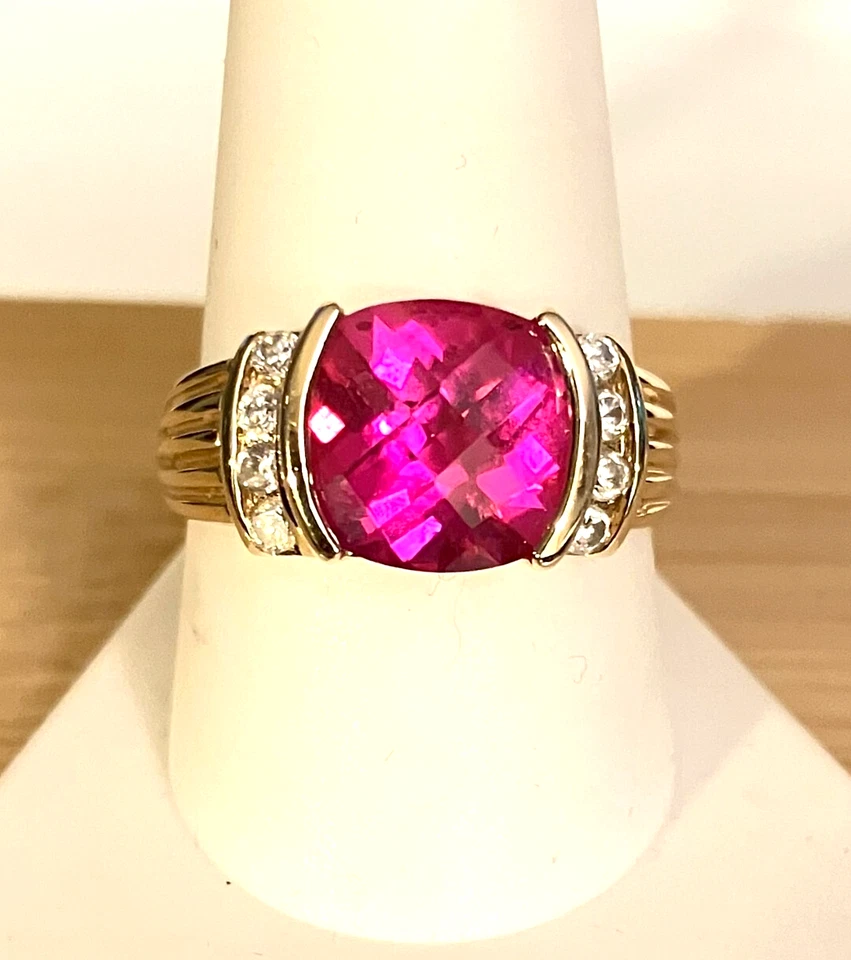 Faceted Hot Pink Ruby Gold Plated Sterling Silver 925 Size 10, Lab Created Foto 1 de 1