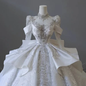 French Long-sleeved Wedding Dress Bridal Princess Luxury Ball Gown Sweep Train - Picture 1 of 5