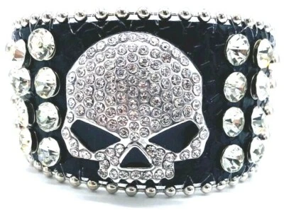 Pulsera ajustable con tachuelas brillantes calavera de cuero con estrás para dama  Foto 1 de 4