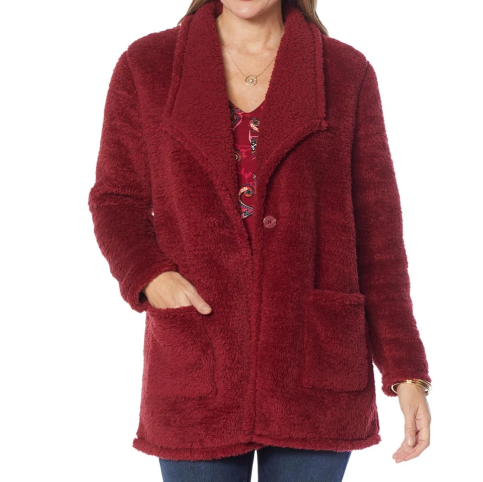 Abrigo de peluche Colleen Lopez para mujer "CL suave" rojo liso talla grande Foto 1 de 1