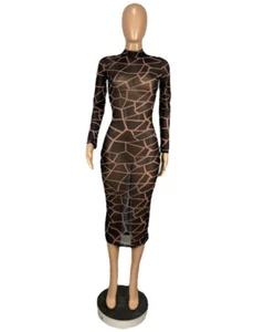 NEW Women Print Sheer Mesh O-Neck Long Sleeve Party Bodycon Midi Calf Dresses #B - Picture 1 of 4