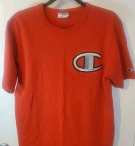 Champion Blue Bar T-Shirt Big C Red Sz L Large Men's Y2K Stitched Heavy Weight - Picture 1 of 8