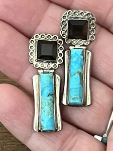 Sterling Silver Turquoise And Smoky Quartz Dangle Earrings/read - Picture 1 of 6