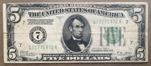 1928A $5 FRN ~ CHICAGO [] NUMERIC 7 SEAL [] FR.1951-G [] F+VF/ SN# G 3377 1972 A - Picture 1 of 3