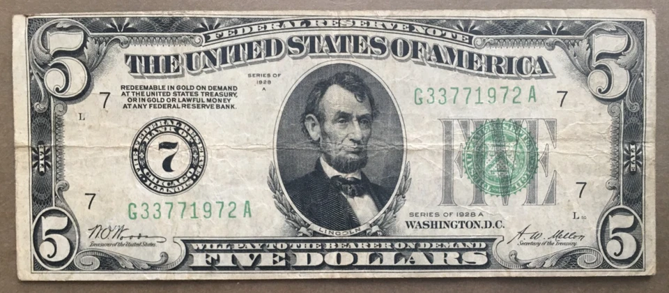 1928A $5 FRN ~ CHICAGO [] NUMERIC 7 SEAL [] FR.1951-G [] F+VF/ SN# G 3377 1972 A - Image 1 of 3