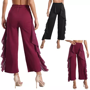 Womens Pants Costumes Straight Elastic Waistband Trousers Solid Color Ruffled - Picture 1 of 35