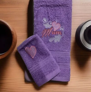 Embroidered Purple Hand towel and Face Washer Set, Mum Floral Heart Design. - Picture 1 of 1