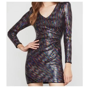 BCBGMaxAzria Women's Rainbow Sequin Dress Long Sleeve V-Neck Black Size XS - Picture 1 of 8