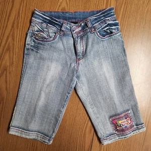 Girls Shorts Long Jean HANNAH BANANA Love Flowers Hearts Crystal Studs C13 - Picture 1 of 9