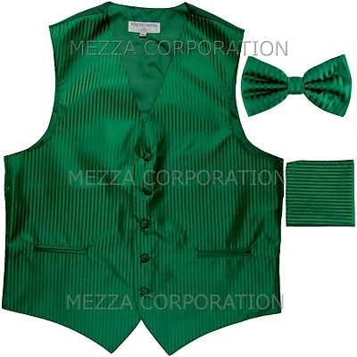 New Men's Tuxedo Vest Vertical Stripes Bowtie Hankie set party Emerald Green - Image 1 of 4