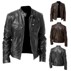 Men Vintage Cafe Racer Brown Black Leather Casual Slim Fit Real Biker Jackets - Picture 1 of 18