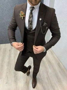 Traje Para Hombre Marrón Oscuro Calce Ajustado Pico Solapa Fiesta Baile de graduación Cena Novio Esmoquin Boda - Imagen 1 de 8