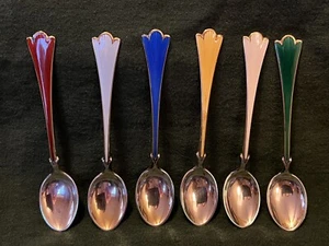 Theodore Olsen Norway Sterling And Enamel 4” Demitasse Spoons Set of 6 (62g) - Picture 1 of 14