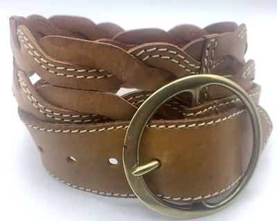 Linea Pelle Belt Brown Woven Brass Buckle Wide Sz M Boho Southwest Festival - Image 1 of 4