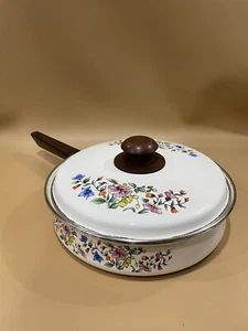 Vintage 1970s Enamelware Floral Frying Pan With Lid - Picture 1 of 8