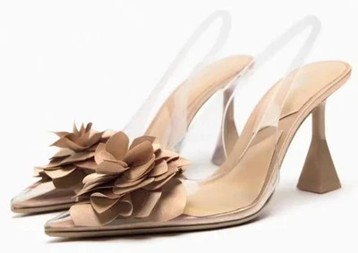 ZARA Raro Sexy Biqueira Pontiaguda Flor Bronzeada 4" Salto Stiletto Tamanho 8 Novo com etiquetas - Imagem 1 de 4